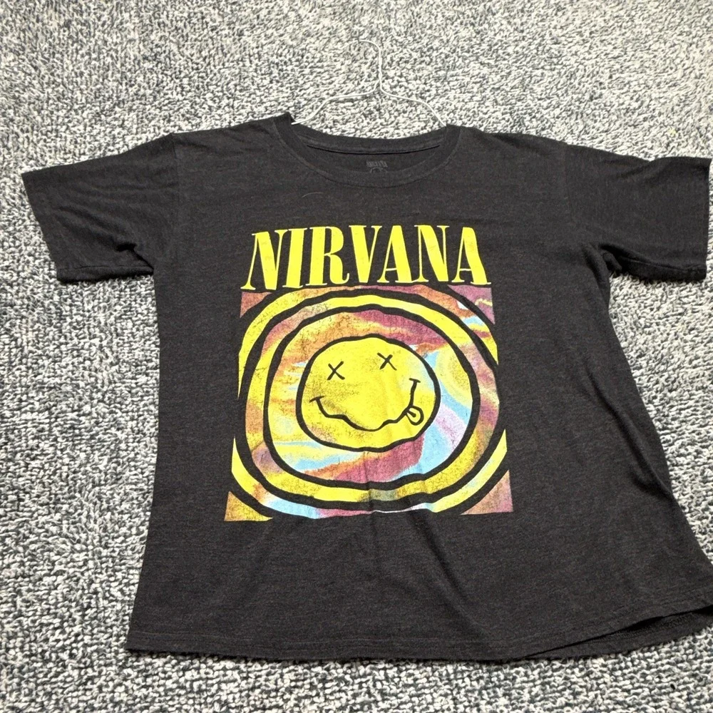 Vtg Nirvana Black Spiral Graphic T-Shirt Smiley Face Logo Short Sleeve Size S
